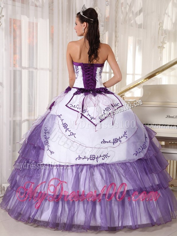 White and Purple Ruffle Layers Sweet 15 Dresses with Appliques