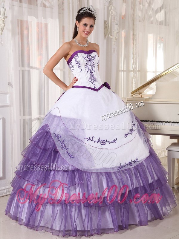 White and Purple Ruffle Layers Sweet 15 Dresses with Appliques