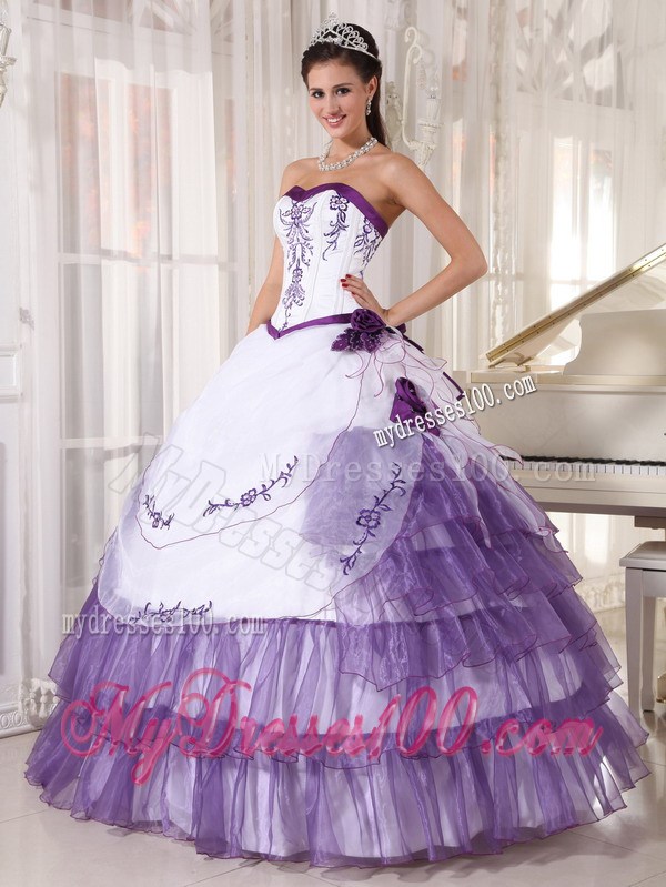 White and Purple Ruffle Layers Sweet 15 Dresses with Appliques
