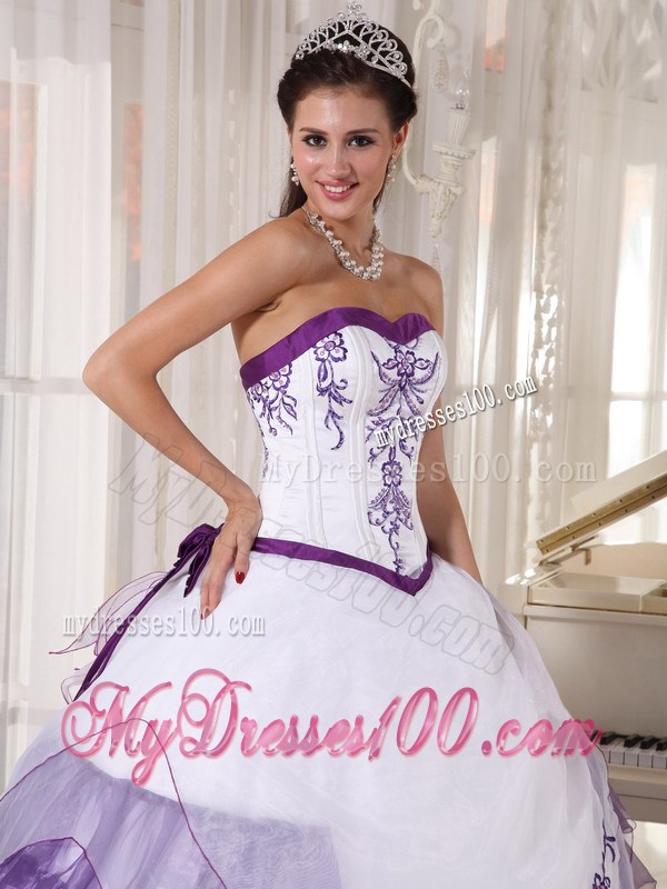 White and Purple Ruffle Layers Sweet 15 Dresses with Appliques