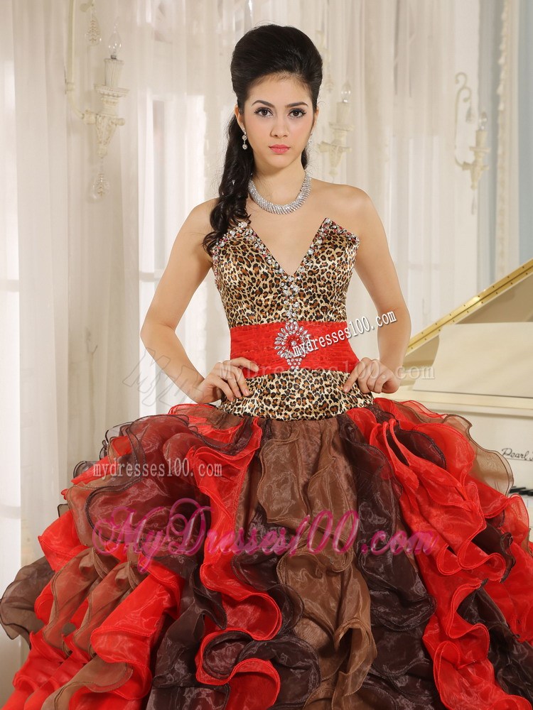 Multi-color V-neck 2013 Quinceanera Dress Ruffles With Beading and Belt