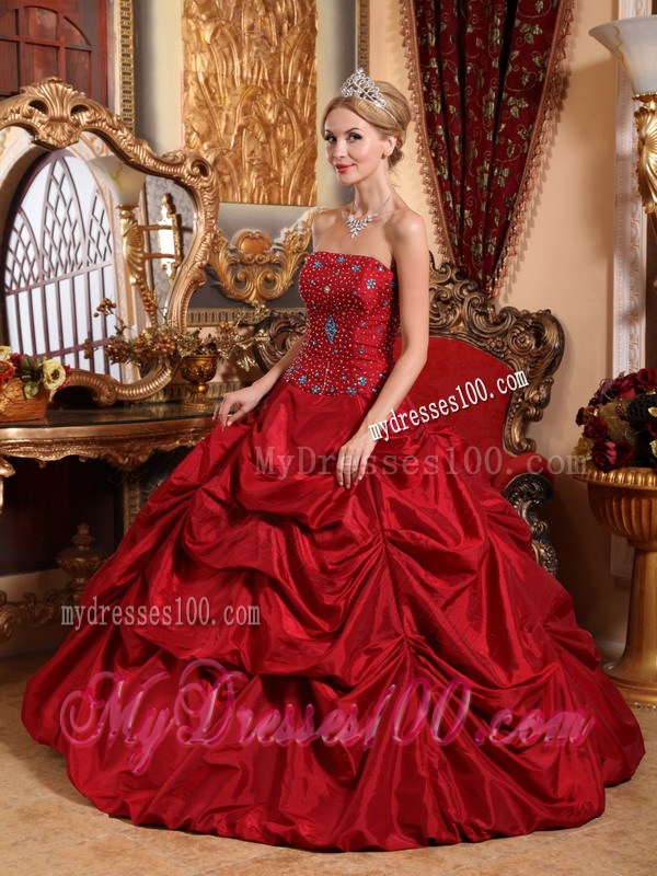 Wine Red Ruched Corset Back Quince Dresses with Beadings