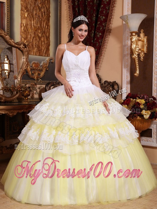 Spaghetti Straps Floor-length Organza Lace Hem Quince Dress