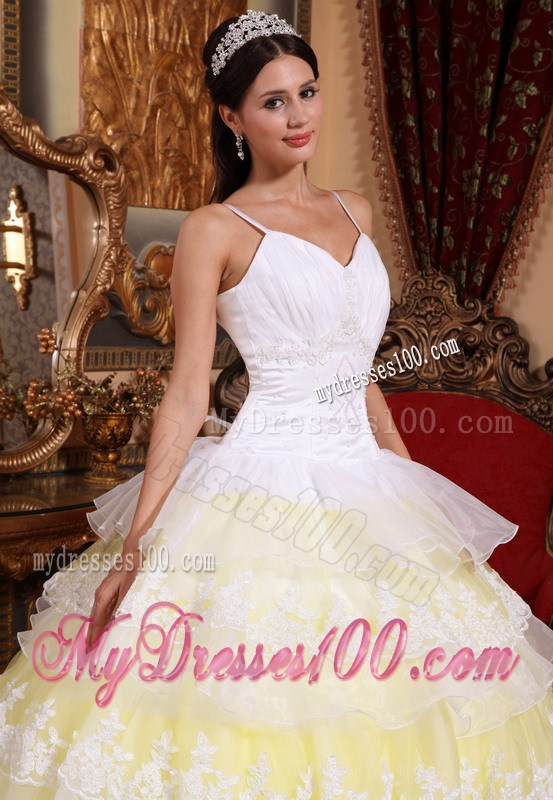 Spaghetti Straps Floor-length Organza Lace Hem Quince Dress
