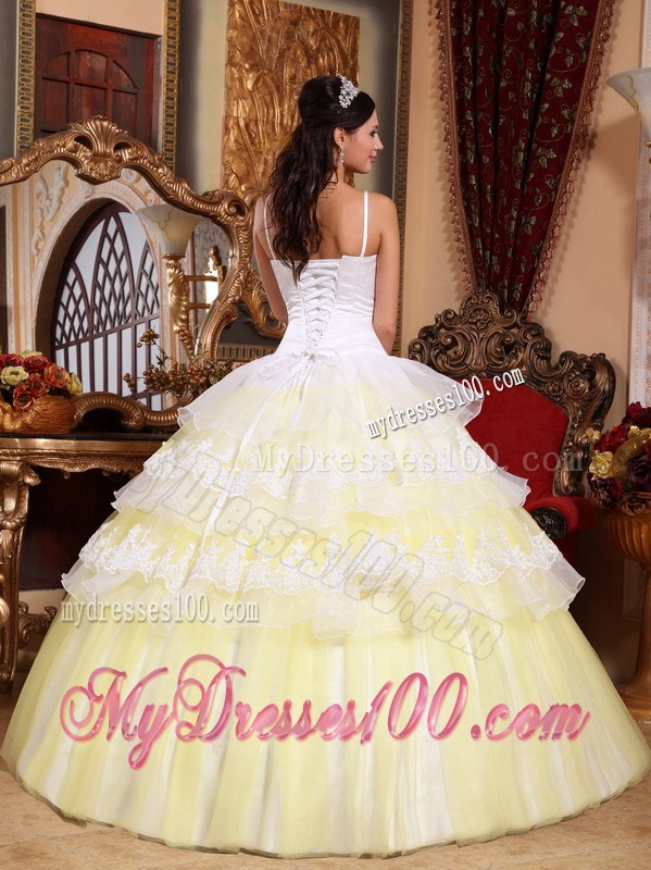 Spaghetti Straps Floor-length Organza Lace Hem Quince Dress