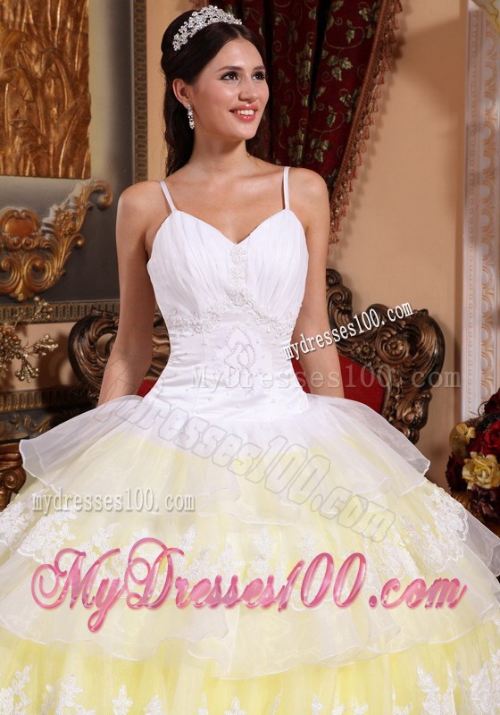 Spaghetti Straps Floor-length Organza Lace Hem Quince Dress