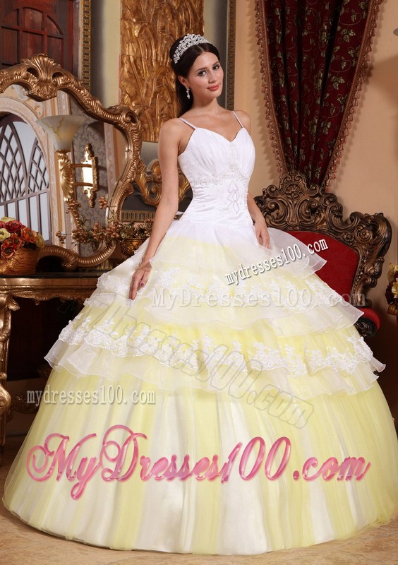 Spaghetti Straps Floor-length Organza Lace Hem Quince Dress