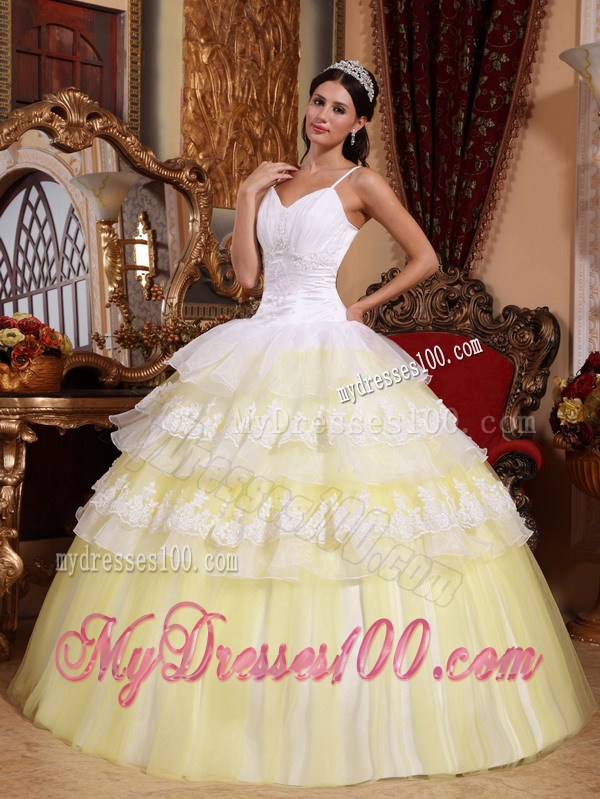 Spaghetti Straps Floor-length Organza Lace Hem Quince Dress