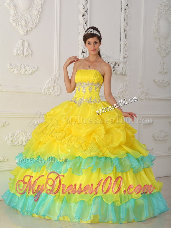 Beading Bodice Strapless Ruched Quince Dress in Yellow