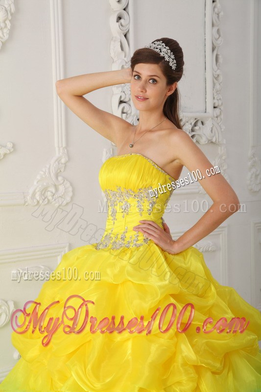 Beading Bodice Strapless Ruched Quince Dress in Yellow