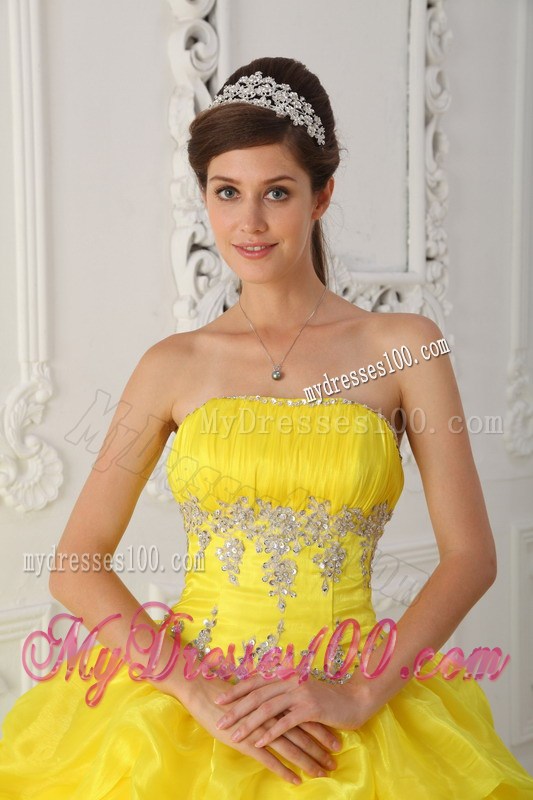 Beading Bodice Strapless Ruched Quince Dress in Yellow