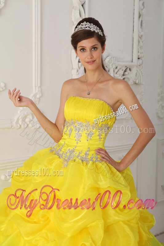 Beading Bodice Strapless Ruched Quince Dress in Yellow
