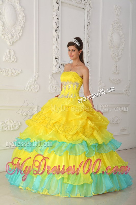 Beading Bodice Strapless Ruched Quince Dress in Yellow