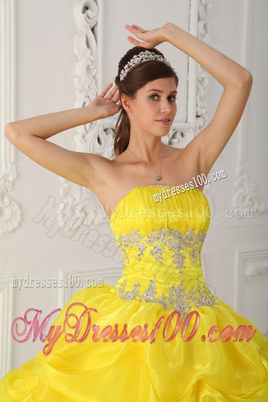 Beading Bodice Strapless Ruched Quince Dress in Yellow