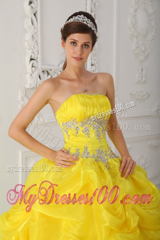 Beading Bodice Strapless Ruched Quince Dress in Yellow