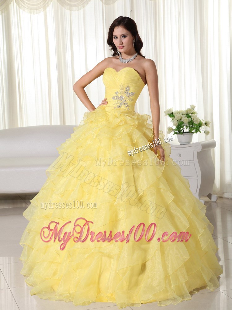 Yellow Sweetheart Organza Quince Dress Appliques and Layered Ruffles