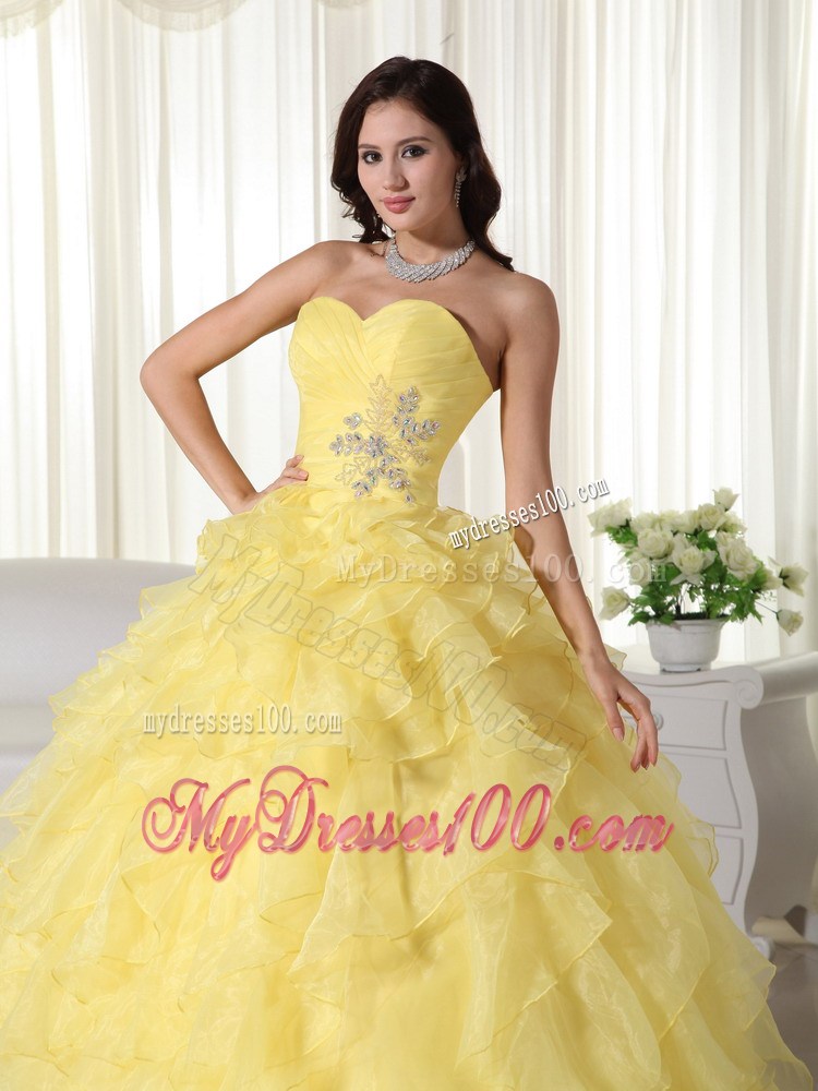 Yellow Sweetheart Organza Quince Dress Appliques and Layered Ruffles