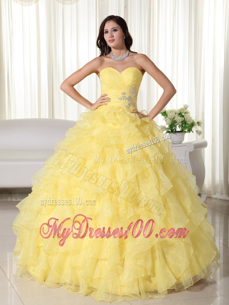 Yellow Sweetheart Organza Quince Dress Appliques and Layered Ruffles