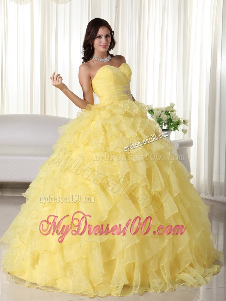 Yellow Sweetheart Organza Quince Dress Appliques and Layered Ruffles