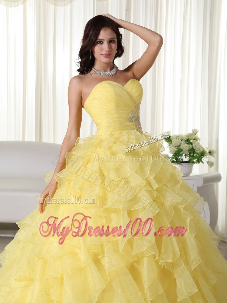 Yellow Sweetheart Organza Quince Dress Appliques and Layered Ruffles