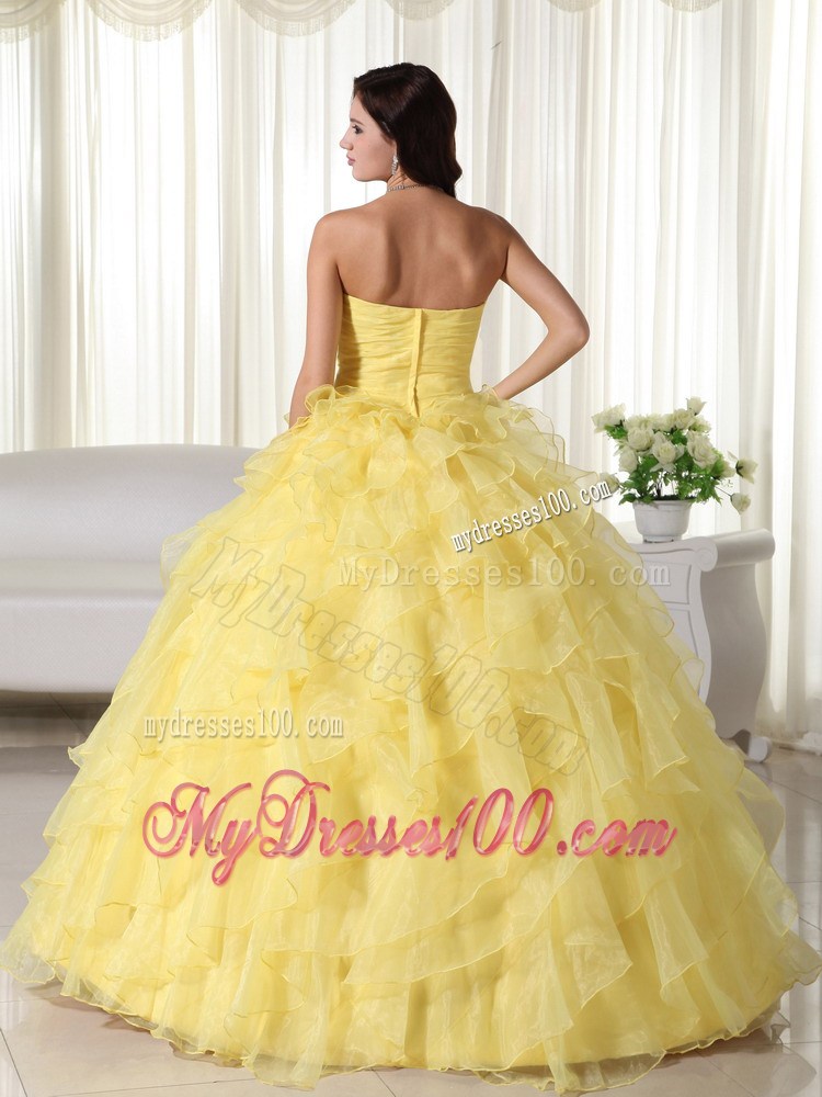 Yellow Sweetheart Organza Quince Dress Appliques and Layered Ruffles