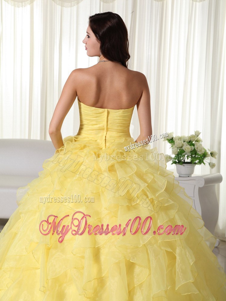 Yellow Sweetheart Organza Quince Dress Appliques and Layered Ruffles