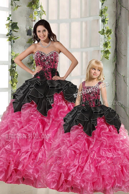 Ball Gown Beading and Ruffles 2016 Princesita Dress in Rose Pink and Black