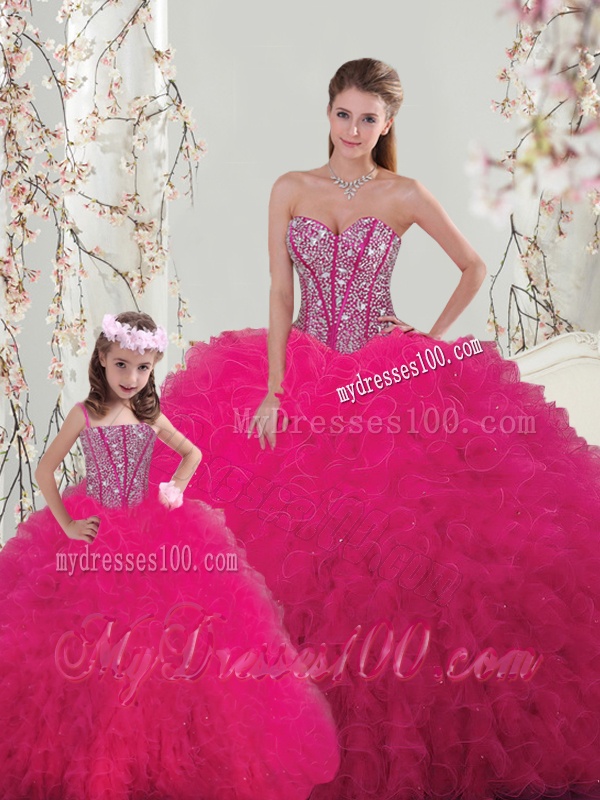 Classical Ball Gown Beaded and Ruffles Princesita Quinceanera Dresses in Hot Pink