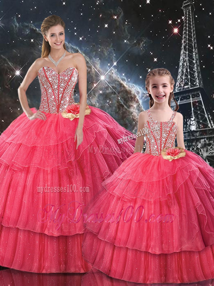 Fashionable Ball Gown Coral Red Matching Sister Dresses with Beading for Fall