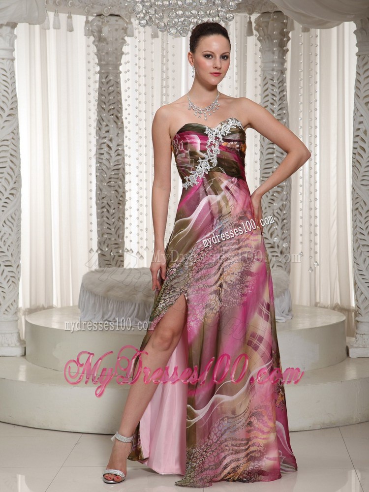 2013 Cheap High Slit Sweetheart Printing For Maxi Dress With Appliques