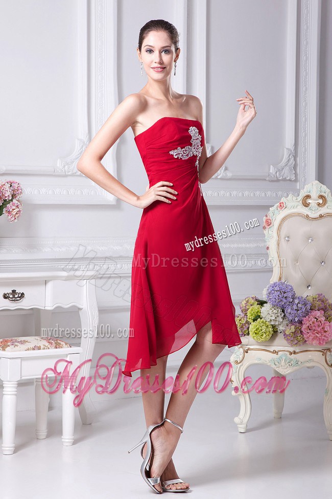 Appliques Strapless Asymmetrical Wine Red 2013 Summer Maxi Dresses