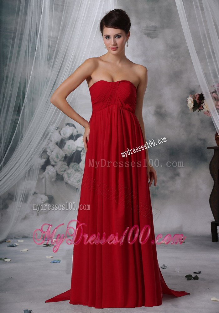 2013 Cheap Red Empire Strapless Watteau Train Ruched Maxi Dresses