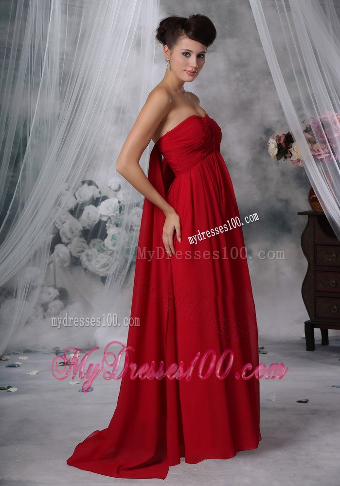 2013 Cheap Red Empire Strapless Watteau Train Ruched Maxi Dresses