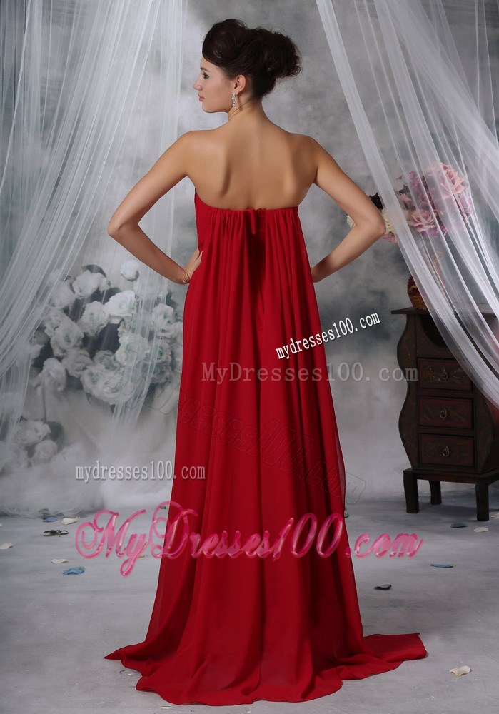 2013 Cheap Red Empire Strapless Watteau Train Ruched Maxi Dresses