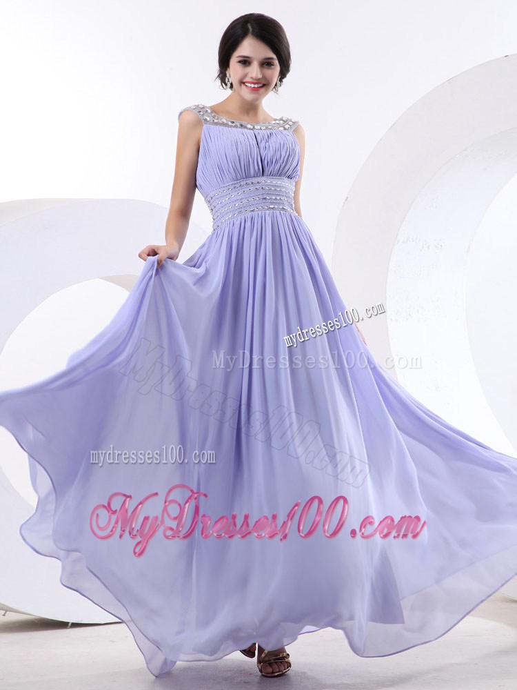 Beaded Decorate Bateau and Waist Lilac Maxi Dresses With Floor-length