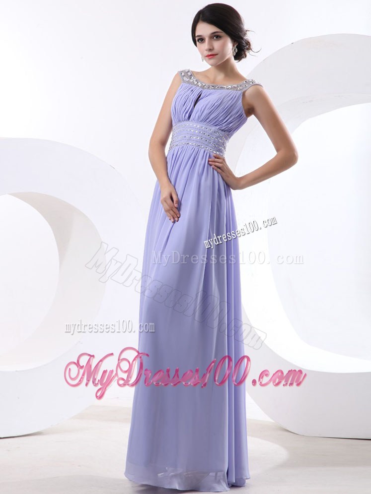 Beaded Decorate Bateau and Waist Lilac Maxi Dresses With Floor-length