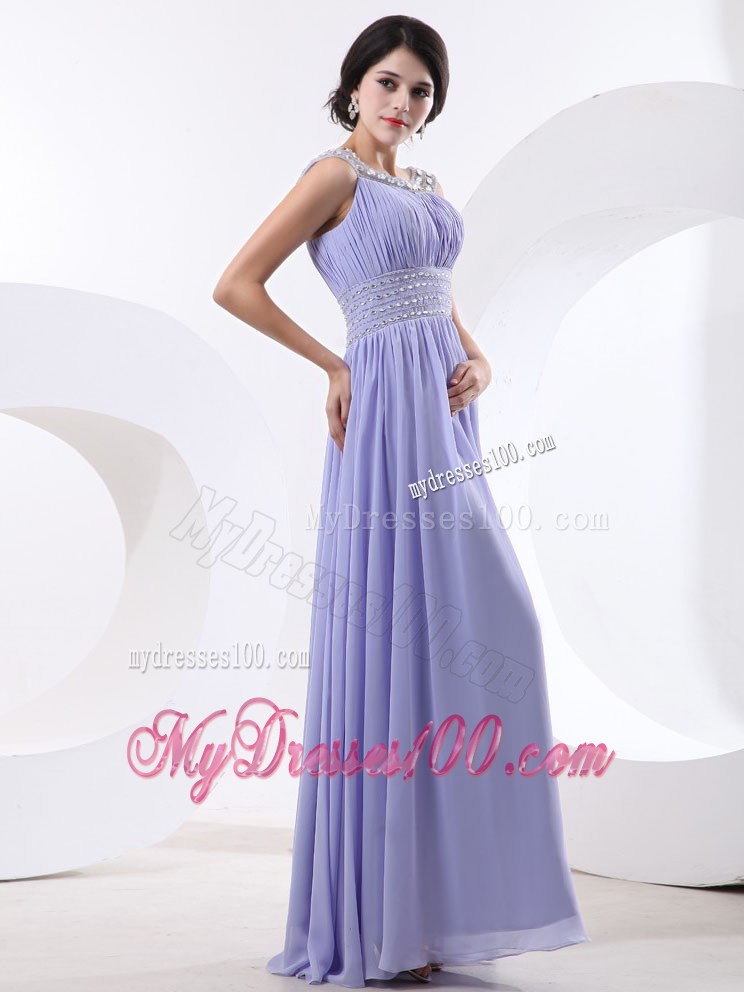 Beaded Decorate Bateau and Waist Lilac Maxi Dresses With Floor-length