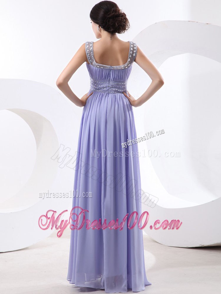 Beaded Decorate Bateau and Waist Lilac Maxi Dresses With Floor-length