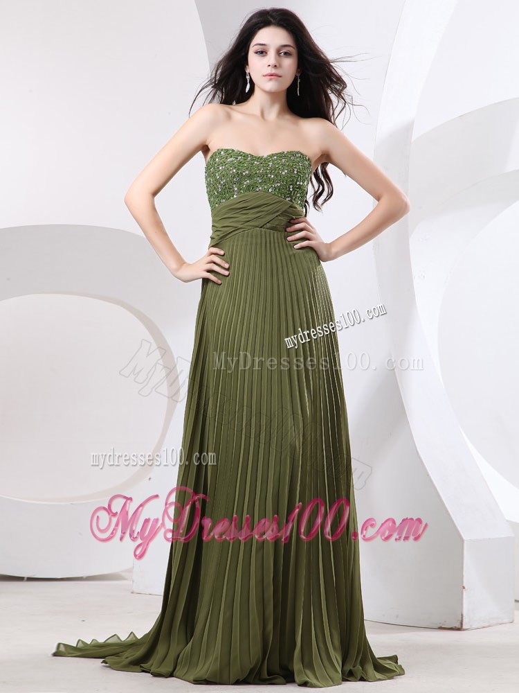 Beading and Pleat For Maxi Dresses With Brush Train and Olive Green
