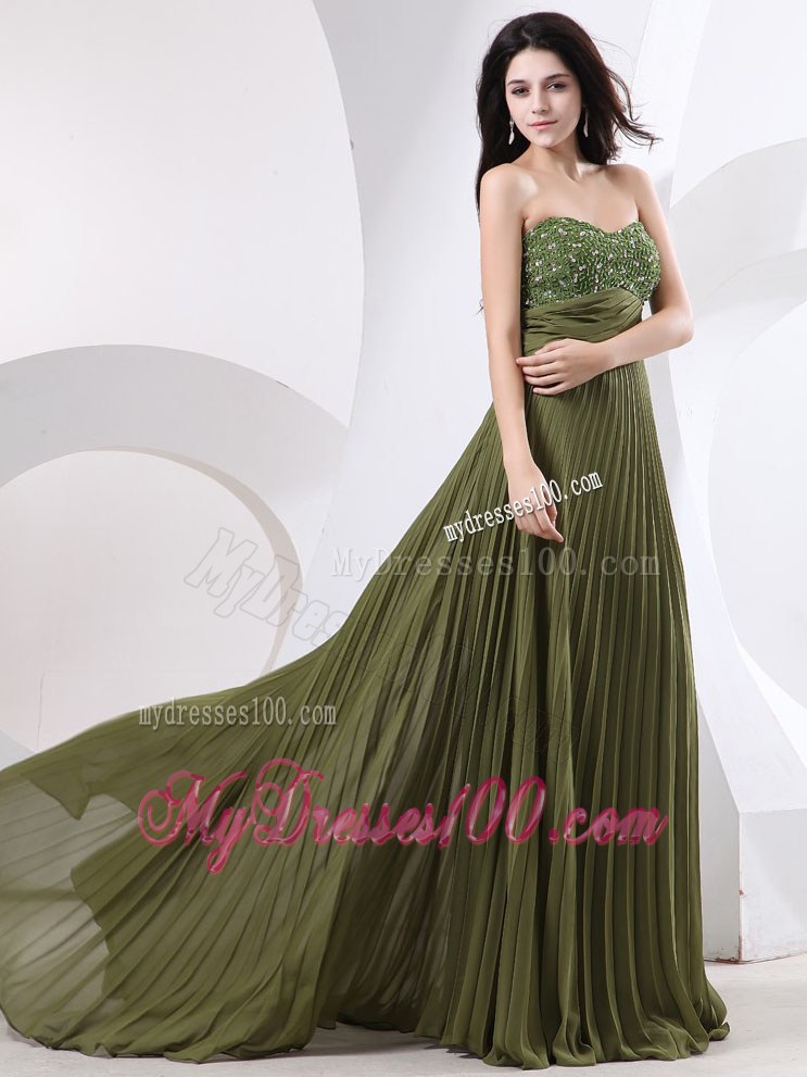 Beading and Pleat For Maxi Dresses With Brush Train and Olive Green