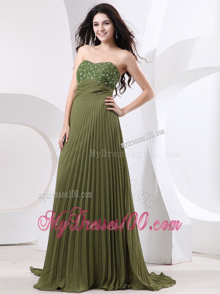 Beading and Pleat For Maxi Dresses With Brush Train and Olive Green