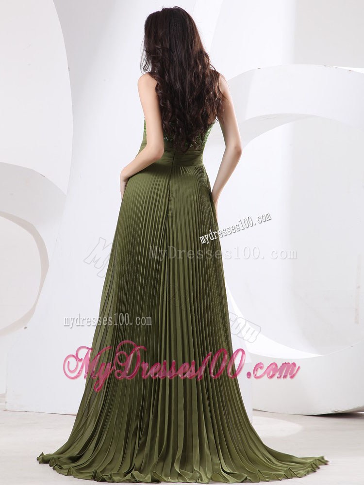 Beading and Pleat For Maxi Dresses With Brush Train and Olive Green
