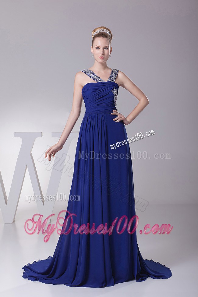 2013 Beaded V-neck and Ruched Blue Maxi Dresses With Brush Train