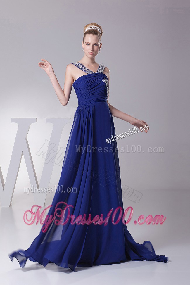 2013 Beaded V-neck and Ruched Blue Maxi Dresses With Brush Train