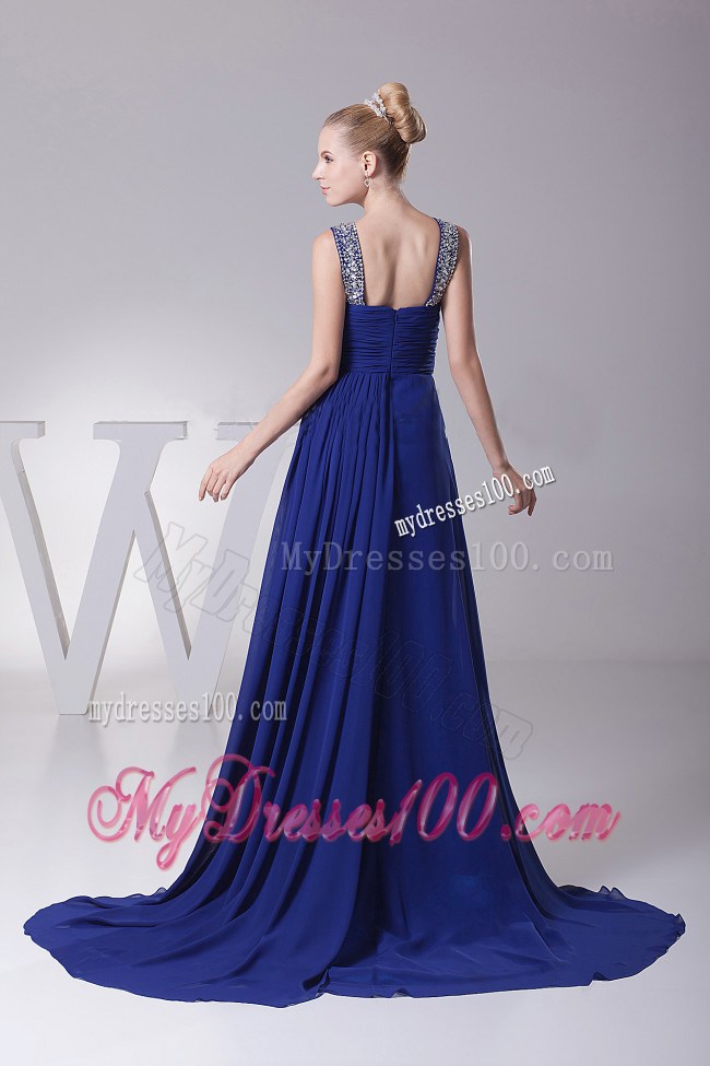 2013 Beaded V-neck and Ruched Blue Maxi Dresses With Brush Train