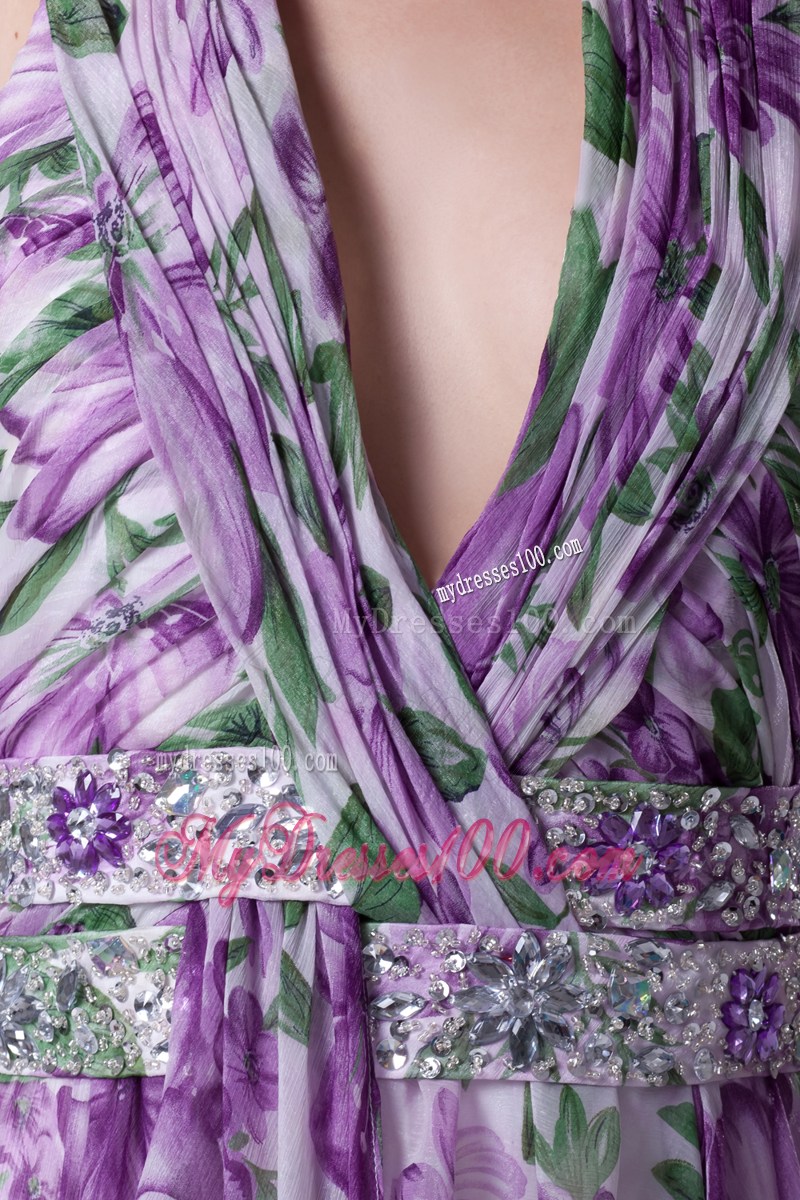 2013 Summer Beading and Ruching V-neck Long Printing Maxi Dress