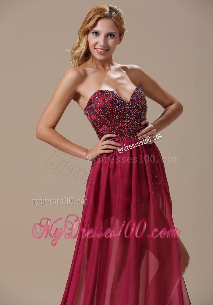 2013 Burgundy High Slit Empire Sweetheart Beaded Bodice Maxi Dresses