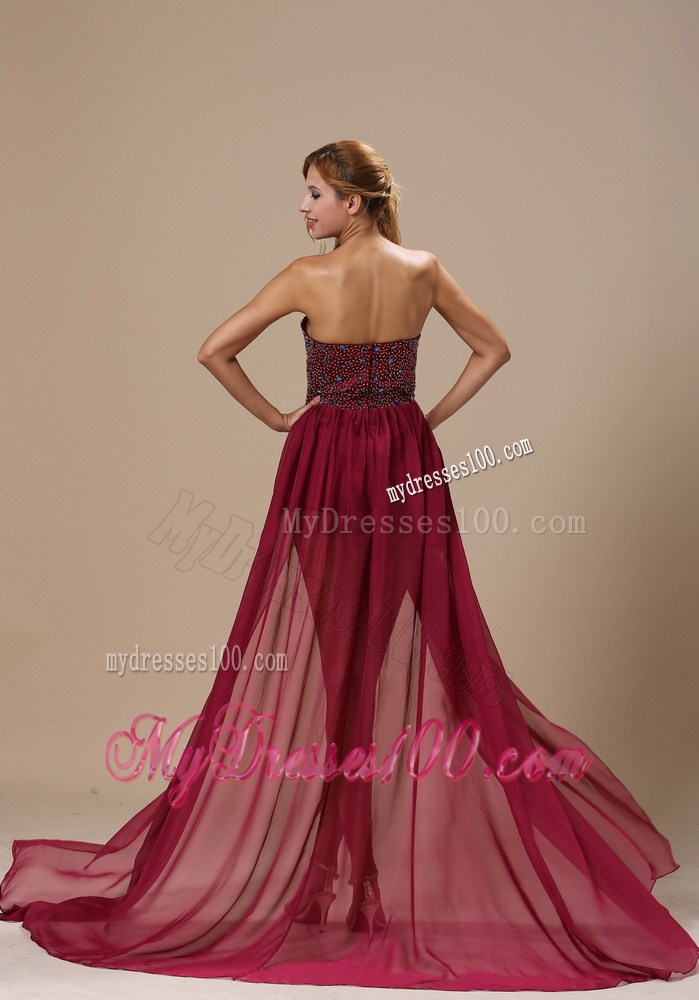 2013 Burgundy High Slit Empire Sweetheart Beaded Bodice Maxi Dresses