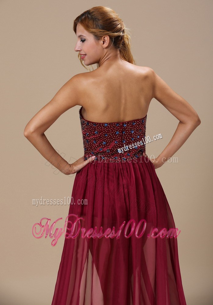 2013 Burgundy High Slit Empire Sweetheart Beaded Bodice Maxi Dresses