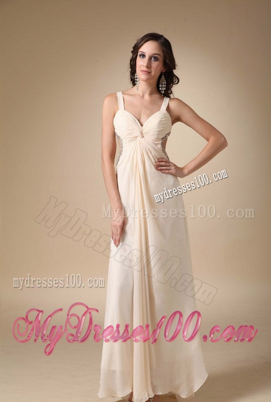 Cheap Champagne Straps Floor-length Beading and Ruching Maxi Dress